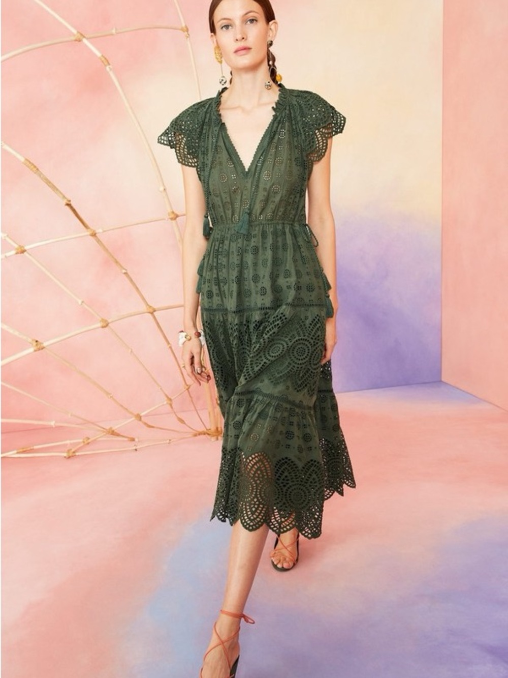 Ulla Johnson Forest Green Gianna Eyelet Lace Midi Dress